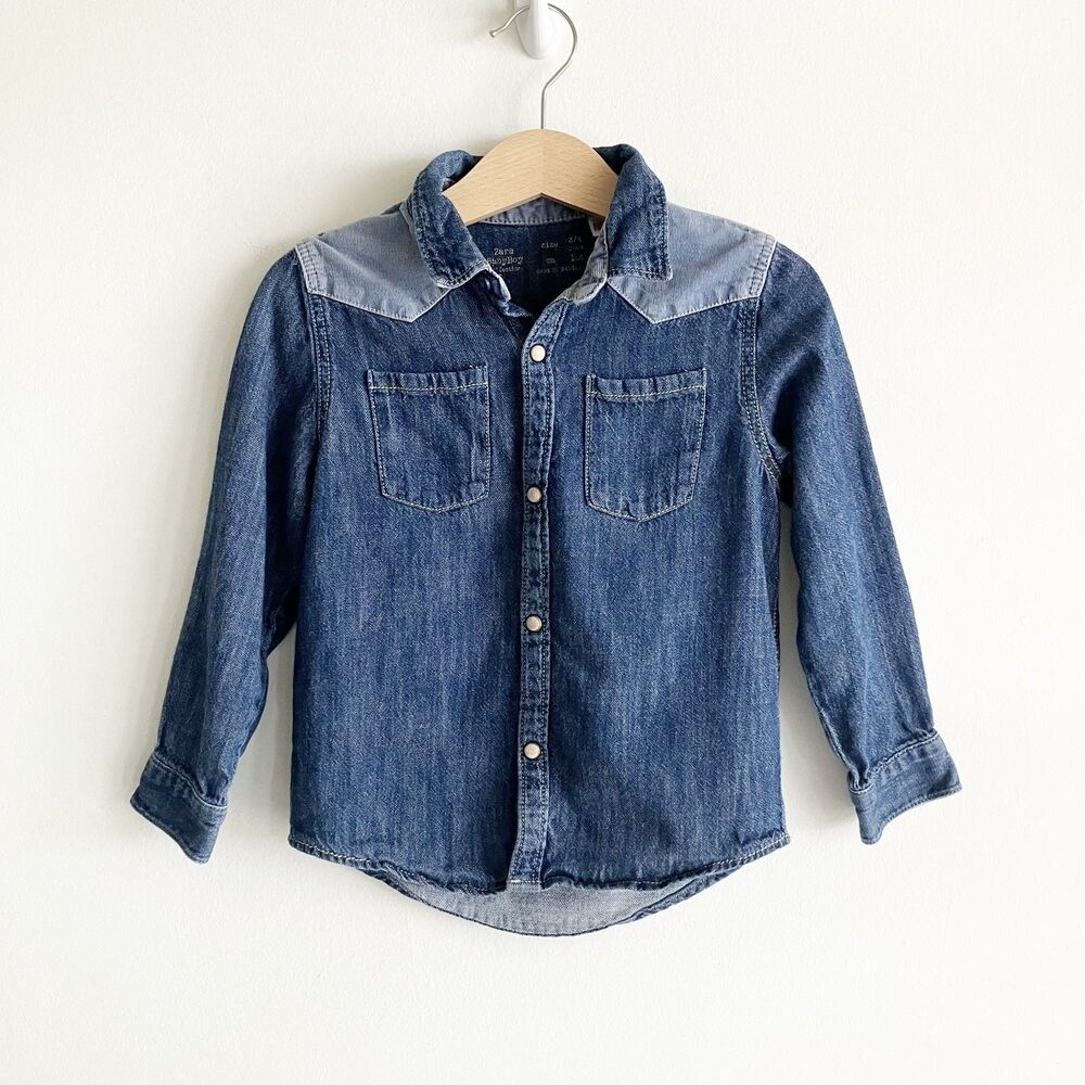 Zara Chambray Corduroy Shirt Baby Boy Size 3-4 Blue Pearl Snap Long Sleeve
